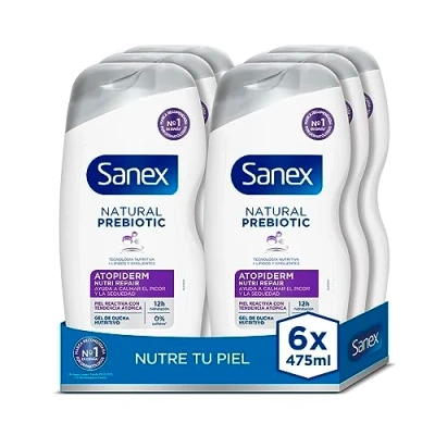 Abbildung von Sanex Natural Prebiotic Atopiderm Duschgel, 6 Stück x 475 ml, Duschgel für reaktive Haut mit atopischer Tendenz, hilft bei Juckreiz und Trockenheit, 12H Feuchtigkeit