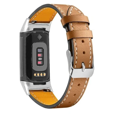 Abbildung von INF Braun Leder Armband für Fitbit Charge 5 Weiches Ersatzarmband Damen Herren