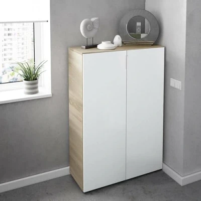 Abbildung von Dmora Mehrzweck Kabinett Olathe, Beistellschrank mit 2 Türen, Niedriger Schuhschrank 6 Regalen, Schuhschrank, cm 70x36h103, Eiche und Weiß