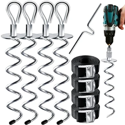 Abbildung von KESSER® 4 Bodenanker Erdanker 9 teiliges Set Befestigung für Trampolin, Schaukel, Pavillon, Partyzelt, Gartenhaus, Zelt, aus 1cm Ø Edelstahl Zum Eindrehen, + Gurte Drehhilfe