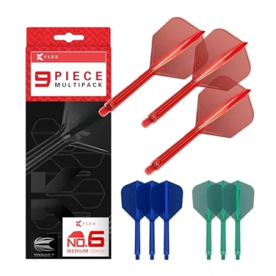 Abbildung von Target Darts K Flex Integrated Dart Flights and Shafts, Mittlerer Schaft (33 mm), Nr. 6 Flight, 9er Pack, Rot, Blau &amp; Grün Kflex 2 In 1 Flight und Schaft, professionelles Dartzubehör