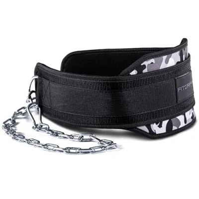 Abbildung von Fitgriff® Dip Gürtel mit Kette + 2 Karabiner, Belt für Bodybuilding, Krafttraining, Gewichtheben Gewichthebergürtel, Gewicht (Camo, OneSize)
