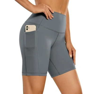 Abbildung von CRZ Yoga Naked Feeling Damen Kurze Leggings High Waist Radlerhose Fitness Sporthose mit Taschen 15cm Dunkler Kohlenstoff 42