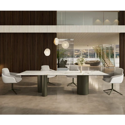 Abbildung von Esstisch Edge 300x100 Keramik Calacatta Luxe Weiß Gold Grau Troa Metall Effektfinish Titan