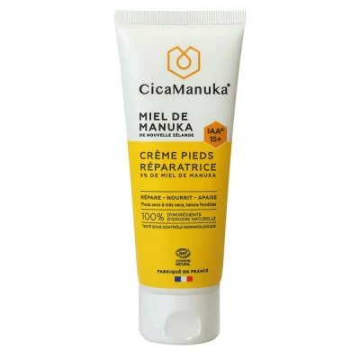 Abbildung von CICAMANUKA Manuka IAA15+ Honig Reparaturcreme für Füße repariert beschädigte Fersen trockene zertifiziert von Cosmos Natural 75 ml