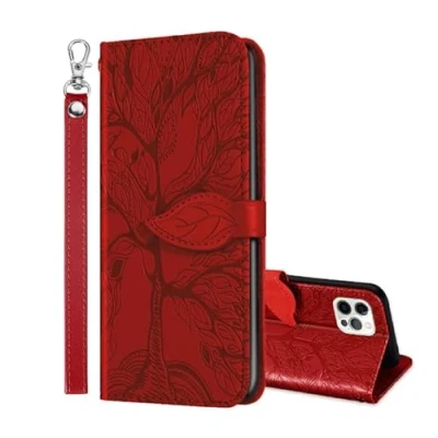 Abbildung von ONETHEFUL Handyhülle Tasche Book Cover für iPhone 12/12 Pro Hülle Kunstleder Klappbar Flip Phone Case Brieftasche Huelle Etui mit Ständer rot