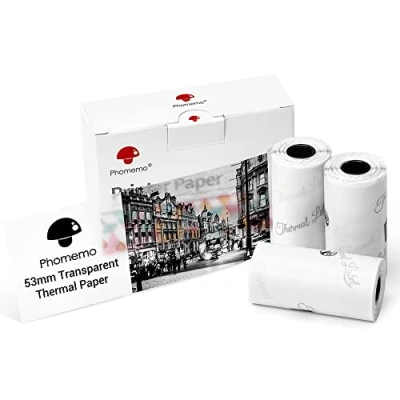 Abbildung von Phomemo 53mm Transparentes Papier Kompatibel für T02/M02/M02S/M02Pro/M03/M03AS/M04S/M04AS/M832/M833/M834/M835 Mini Taschendrucker, 3 Rollen selbstklebendes Thermo Aufkleberpapier, 53 mm x 3,5 m