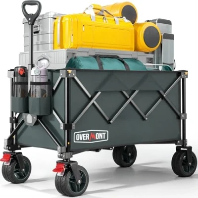 Abbildung von Overmont Faltbar Bollerwagen Klappbar Handwagen mit Geländegängige Breite Räder bis 150 kg Tragkraft für Camping Sport Einkaufen Garten Grau