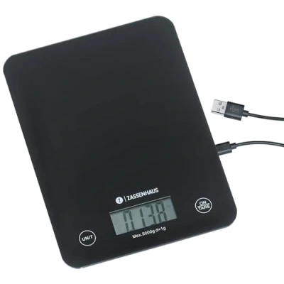 Abbildung von Zassenhaus Küchenwaage Digital BALANCE, USB Aufladefunktion, 5kg/1g, Zuwiegefunktion, besonders flach, Sensor Touch Bedienfeld