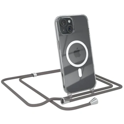 Abbildung von EAZY CASE Handykette kompatibel mit iPhone 15 Kette zum Umhängen Stoßfest Handyhülle für Silikon Hülle Band Handytasche Transparent als Fallschutz in Anthrazit