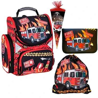Abbildung von GOLDKIDS Schulranzen Feuerwehr Firefighters Grundschule (ergonomischer Ranzen Federmappe, 1 tlg., Federtasche Federmäppchen ohne), Inhalt Turnbeutel Zuckertüte 4er Set Fire