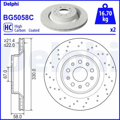 Abbildung von DELPHI Bremsscheibe MASERATI: Levante SUV 330mm 22mm 5 Belüftet, gelocht BG5058C Bremsscheiben, Scheibenbremsen