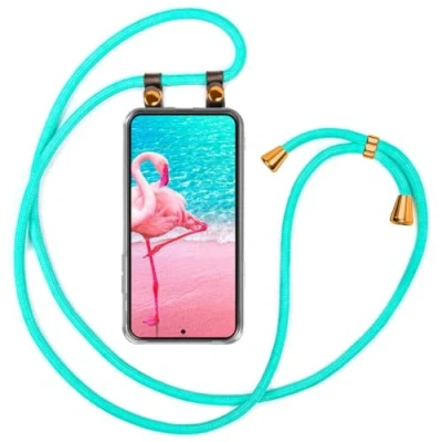 Abbildung von moex Handykette kompatibel mit Samsung Galaxy S24 Hülle Band Längenverstellbar, Handyhülle zum Umhängen, Silikon Case Transparent Kordel Schnur abnehmbar in Türkis