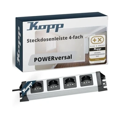 Abbildung von Kopp Powerversal Steckdosenleiste 4 Fach, 1,40 m Zuleitung, 3600W/16A, 90 gedrehte Anschlüsse, Mehrfachsteckdose mit Schutzkontakt, Wandmontage, ohne Schalter, Farbe Silber Schwarz, 226120010