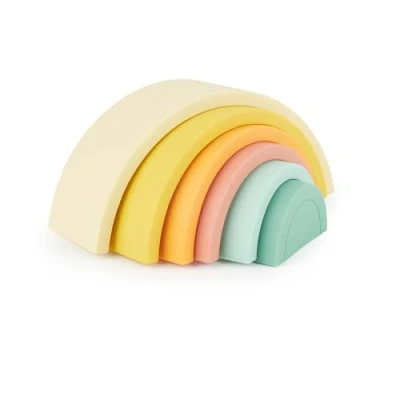 Abbildung von Bieco Silikon Regenbogen Spielzeug Tropical Vibes Montessori Bausteine in Pastel Farben Baby Motorikspielzeug Spielbogen