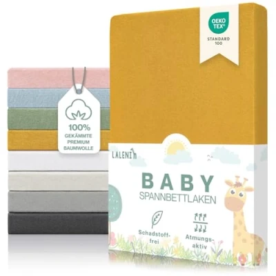 Abbildung von Laleni Premium Spannbettlaken 60x120x15 cm Babybett 2er Set Oeko TEX zertifiziertes Bettlaken 60x120 Kinderbett Kinderbettwäsche 100% Baumwolle Baby in Gelb