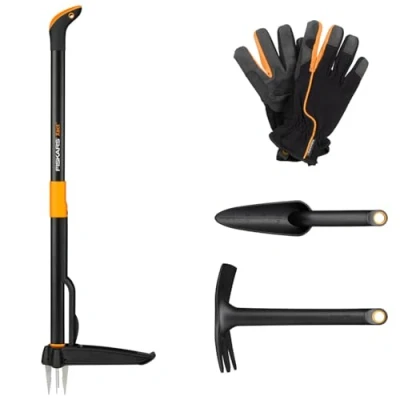 Abbildung von Fiskars Gartenwerkzeuge Set, 4 teilig, Xact Unkrautstecher, Rostfreier Stahl/Kunststoff, Solid Kombihacke und Pflanzkelle, FiberComp, Garten Arbeitshandschuhe, Größe: 10, Schwarz/Orange, 1077308
