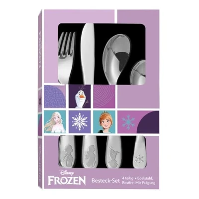Abbildung von p:os 35805 Frozen die Eiskönigin Besteckset für Mädchen, 4 teiliges Kinder aus Edelstahl, mit Messer, Gabel, Suppenlöffel und Dessertlöffel, Bunt