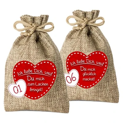 Abbildung von 24 Adventskalender Säckchen aus Jute mit Gründen Ich Liebe Dich, Weil. (für Erwachsene Männer &amp; Frauen geeignet) für Weihnachtskalender/Adventskalender zum Befüllen von Adventino