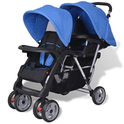 Abbildung von Festnight Geschwisterwagen Kinderwagen Geschwisterkinderwagen aus Stahl + Oxfordgewebe für 1 2 Kinder bis zu je 15kg Blau und Schwarz