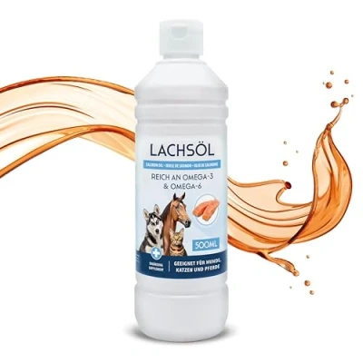 Abbildung von 500ml Premium Lachsöl für Hunde, Katzen und Pferde Reich an Omega 3 &amp; 6 Fettsäuren 100% Natürliches Fischöl im 0,5 Liter Gebinde