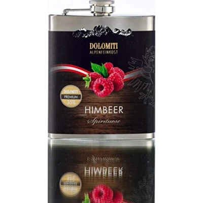 Abbildung von DOLOMITI Himbeer Schnaps Flachmann │ Premium Spirituose 35% vol. robuster, edler aus Edelstahl 0.2 Liter