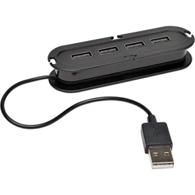 Abbildung von Eaton 4 Port Ultra Mini USB 2.0 Hub, 480 Megabit pro Sekunde Datenübertragung, eingebautes Kabel, bis zu 1,5 A Aufladung, zusätzlicher Micro B Anschluss für zusätzliche Leistung (U222 004)