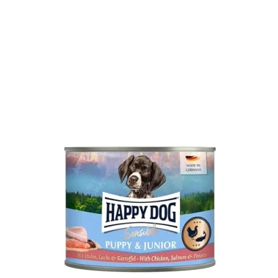 Abbildung von Happy Dog Sensible Puppy &amp; Junior M Huhn, Lachs, Kartoffel Nassfutter 12 x 200 g