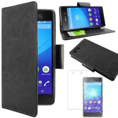 Abbildung von ebestStar kompatibel mit Sony Xperia M5 Hülle Dual Kunstleder Wallet Case Handyhülle (PU Leder), Kartenfächern, Standfunktion, Schwarz + Panzer Schutz Glas