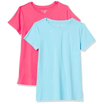 Abbildung von Amazon Essentials Damen Kurzärmliges Tech Stretch T Shirt mit Rundhalsausschnitt (in Übergröße erhältlich), 2er Pack, Blau/Neonrosa, XL