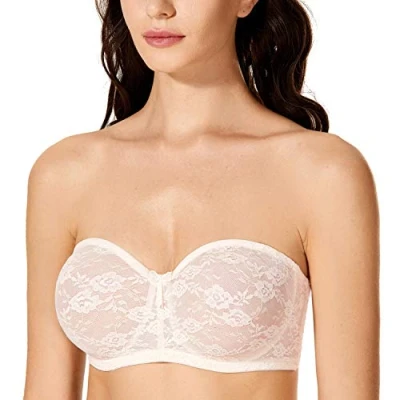 Abbildung von DOBREVA Damen Trägerloser BH mit Bügel Durchsichtig Spitze Dirndl Bandeau BHS Transparenten Trägern Rose White 90F