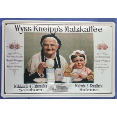 Abbildung von Buddel Bini Versand Blechschild Wyss Kneipp Malzkaffee Malz Kaffee Schild Nostalgieschild Werbeschild