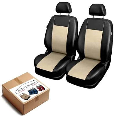 Abbildung von VORDERSITZE 2er Set Sitzbezüge Schonbezüge Sitzschoner Velour + Strickpolster oder Öko Leder künstliches Wildleder ®Auto schmuck (Comfort beige)