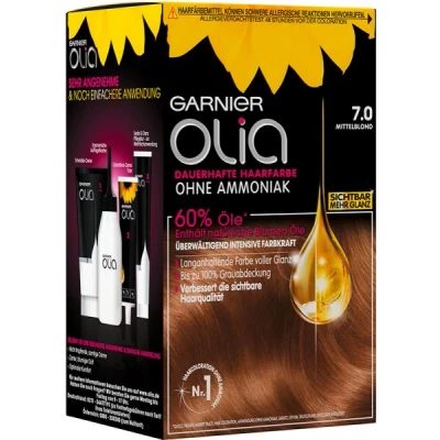 Abbildung von Garnier Olia Dauerhafte Haarfarbe ohne Ammoniak, Mit pflegenden und natürlichen Ölen, Vollständige Grauhaarabdeckung, Permanente Coloration, Nr. 7.0 Mittelblond, 3 x 1 Stück