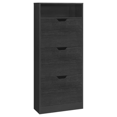 Abbildung von VASAGLE Schuhschrank 3 Klappen, Schuhkipper, Schuhregal, Schuhaufbewahrung, offenes Fach, Trennwand verstellbar, für 14 18 Paar Schuhe, Flur, 24 x 60 139 cm, ebenholzschwarz LBC046B03