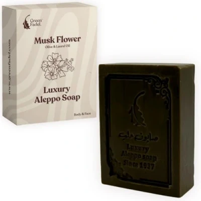 Abbildung von GREEN FADEL (Luxury) Aleppo Seife Original mit Moschusblüte Aroma, 1 Stück, Olivenöl &amp; Lorbeeröl, Olivenölseife, Naturseife, Luxury Soap, für Gesicht Körper