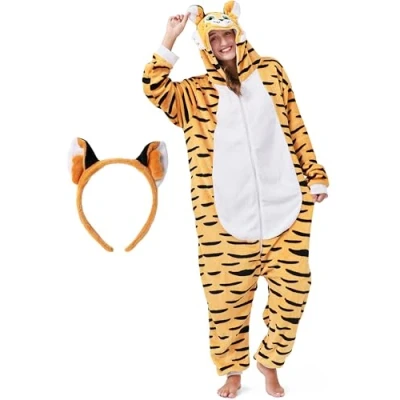 Abbildung von Corimori Partyanzug Flauschiges Tiger Kostüm mit Haarreif, Jumpsuit, Pyjama, Fasching, Kigurumi, Tierkostüme, Makari
