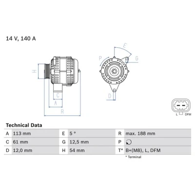 Abbildung von BOSCH 0 986 080 380 Lichtmaschine 14V 140A OPEL: Signum CC, Zafira B, Astra H Caravan, SAAB: 9 3 Limousine, Kombi, Cabrio