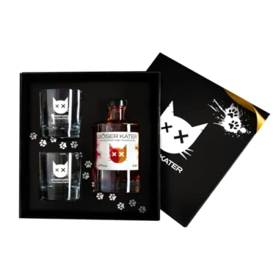 Abbildung von Böser Kater Pink Grapefruit Gin Geschenkset mit 2 Gläsern Fruchtige Zitrusnoten &amp; Pomelo, Das perfekte Geschenk in hochwertiger Box 0,5l 47% Vol.