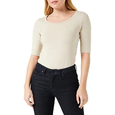 Abbildung von Tommy Hilfiger Damen T Shirt Kurzarm Slim Fit, Beige (Light Sandalwood), L