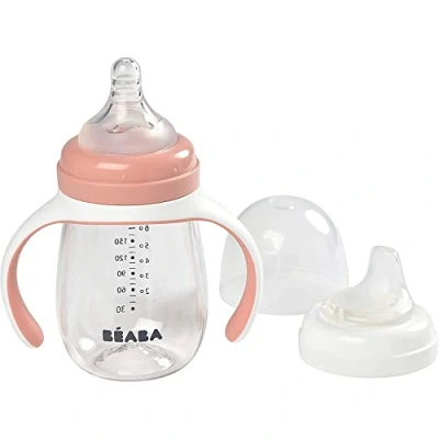Abbildung von BÉABA Trinklernbecher 2 in 1 Babyflasche Kindertasse mit Strohhalm 100% dicht Leicht zu öffnen Abnehmbare Griffe Tritan und Silikon 210 ml Rosa