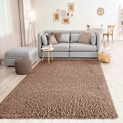 Abbildung von VIMODA Prime Shaggy Teppich Hochflor Langflor Teppiche Modern Einfarbig Nougat Hellbraun, Maße:200x280 cm