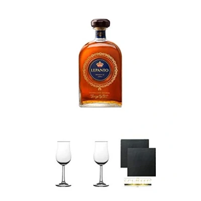 Abbildung von Lepanto Solera Gran Reserva 0,7 Liter + 2 Bugatti Nosing Gläser mit Eichstrich 2cl und 4cl Schiefer Glasuntersetzer eckig ca. 9,5 cm Ø