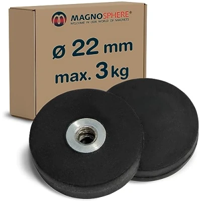 Abbildung von 2 x Neodym Magnet System gummiert Innengewinde Durchmesser Ø 22 mm Innen Gewinde: M4 Haftkraft 3 kg Stück NdFeB Magnetsysteme mit Gummimantel Anti Rutsch Beschichtung