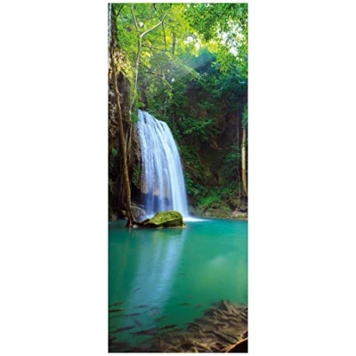 Abbildung von Wallario Glasbild Wasserfall im Wald am See Idylle in Thailand 50 x 125 cm Wandbilder Glas Premium Qualität: Brillante Farben, freischwebende Optik