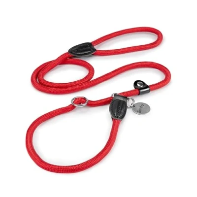 Abbildung von lionto Retrieverleine robust und wetterfest für Hunde Aller Größen, schnell anzulegende Hundeleine Halsband in Einem, 170 cm, fellschonende Führleine mit integriertem Zugstopp, vegan, rot