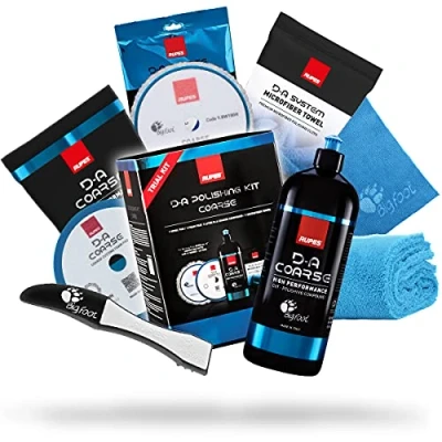 Abbildung von detailmate Polishing Set: RUPES Trial Kit: D A Coarse Politur 1L + Polierschwamm Hart Wolle Polierpad Poliertuch Blau Claw Pad Tool Superflausch