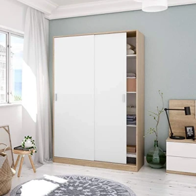 Abbildung von Dmora Garderobe Waterbury, Schlafzimmer Kleiderschrank mit 2 Schiebetüren, Schrank 3 Einlegeböden und Kleiderstange, cm 120x50h200, Eiche Weiß