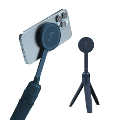 Abbildung von ShiftCam SnapPod Video Selfie Stick und Stativ magnetische Halterung lässt sich an jedem Telefon befestigen neigbares Design Abyss Blue