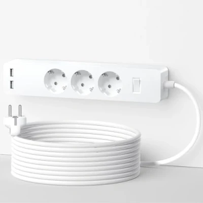 Abbildung von 3 Fach Steckdosenleiste 5m mit 2 USB, NTONPOWER Mehrfachsteckdose Wandmontage Befestigungplatte, Kein Bohren, Lang Verlängerungskabel Überspannschutz, Kindersicherung weiß, MEHRWEG